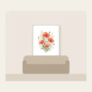 Poppies and Fine Grasses Illustration Fleece Blanket in white: Poppies and fine grasses drawn in coral and olive on a cream ground.