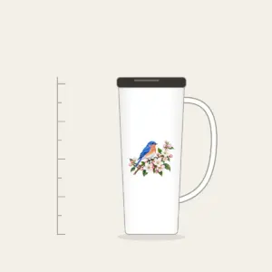 Bluebird on a Blossom Branch Tumbler with Handle in white: A small bluebird rests on a branch of cobalt, white and pale pink blossoms.