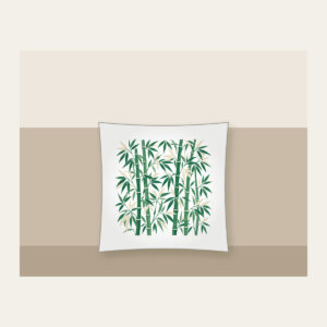 Jade Bamboo Grove Pattern Pillow in white: Tall bamboo stalks and slender leaves repeat in jade and cream.