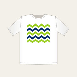 Lime and Navy Zigzag Bands T-Shirt in white: Bold zigzag bands in lime, white and navy sweep across the artwork.