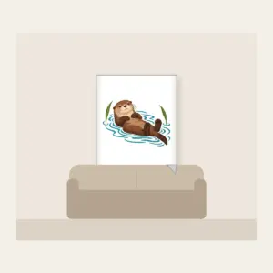 Floating Otter on Teal Ripples Fleece Blanket in white: A cocoa-brown otter floats on its back in teal ripple lines beside two reed leaves.
