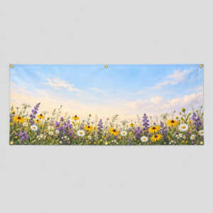 Meadow Strip Fence Flag with a strip of wildflowers in yellow, purple and white along the lower edge under a pale sky gradient