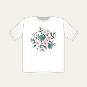 Teal Blossom Scatter T-Shirt in white: Small blossoms in teal, white and pale pink scattered across a pale grey ground.