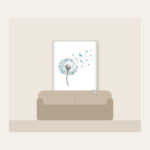 Dandelion Seed Head Drifting Away Fleece Blanket in white: A dandelion seed head releases seeds in grey and teal on white.