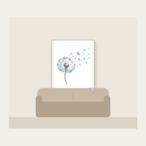 Dandelion Seed Head Drifting Away Fleece Blanket in white: A dandelion seed head releases seeds in grey and teal on white.