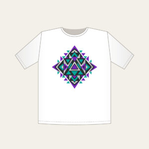 Violet and Teal Triangle Pattern T-Shirt in white: A bold geometric pattern of triangles in violet, teal and silver on charcoal.