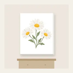 Chain of Three Daisies Canvas Print in white: Three daisies in white and butter yellow link along a single sage stem.