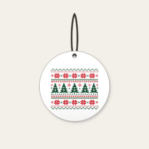 Fair Isle Pines and Stars in Red Ceramic Ornament in white: Knit-inspired rows of pines and stars in red, cream and green repeat in tidy bands.