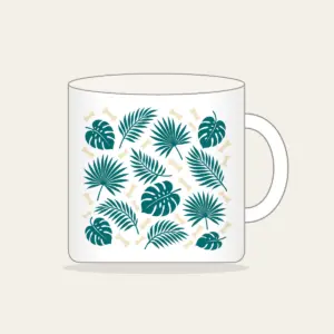 Palm Leaves and Little Bones Mug in white: Palm leaves and small bones in teal and cream, scattered all over.