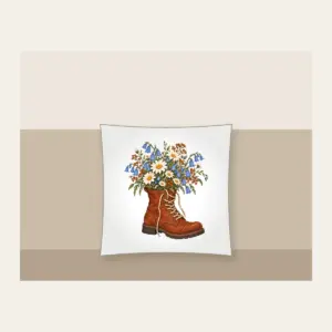 Lace-Up Boot Overflowing with Daisies Pillow in white: A lace-up boot spilling daisies and bluebells in cream, sky blue and rust.