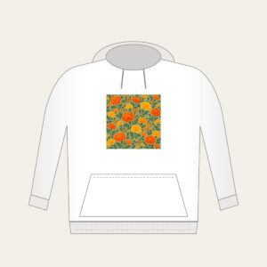 Marigolds and Butterflies on Sage Hoodie in white: An all-over repeat of marigolds and small butterflies in orange and yellow on a sage ground.