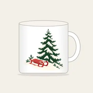 Red Sled on a Snowy Hill Mug in white: A small red sled on a snowy hill beside a tall pine in cream, red and green.