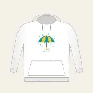 Teal Umbrella and Raindrop Ripple Hoodie in white: An open teal and yellow umbrella with small raindrops and a tiny puddle ripple.