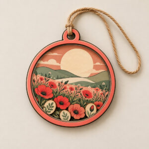 Meadow Moon Wood and Acrylic Shaker Ornament with wood back layers with a large moon over layered hills of poppies and grasses in coral, sage and cream, clear acrylic front window