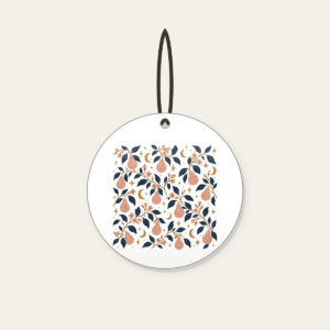 Pear Branches and Crescent Moons Ceramic Ornament in white: Pear branches, tiny crescent moons and stars repeat in dusty rose, gold and deep navy.