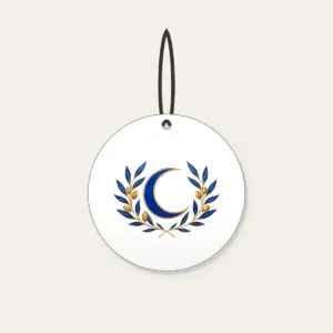 Crescent Moon and Olive Sprigs Ceramic Ornament in white: A centered crescent moon is flanked by olive sprigs in cobalt and gold line art on white.