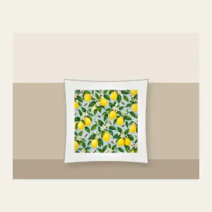 Lemon and Bee Garden Repeat Pillow in white: A repeat of lemons, glossy leaves and tiny bees in yellow and green on a pale blue-grey ground.