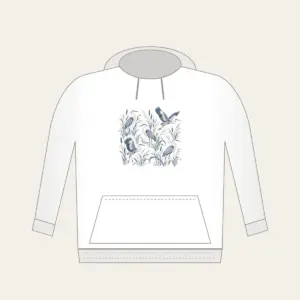 Herons and Reeds in Grey-Blue Hoodie in white: Herons stand among reeds in grey-blue and cream in an all-over pattern.