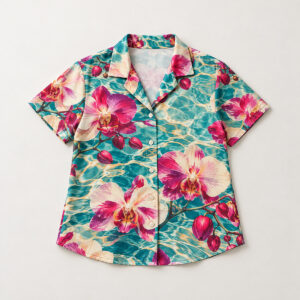 Orchid Lagoon Camp Shirt with all-over orchids and lagoon ripples in teal, magenta and cream
