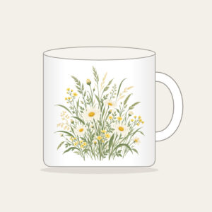 Meadow Grass and Daisy Field Mug in white: A flat meadow of swaying grasses and small daisies in sage, cream and butter yellow.