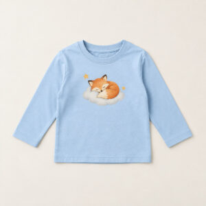 Light Blue Cloud Fox Toddler Long Sleeve Tee with compact front chest panel print of a fox curled on a cloud with two tiny stars, orange, cream and grey