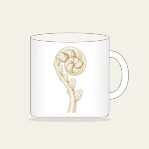 Unrolling Fiddlehead Fern Mug in white: A single fiddlehead fern unrolls in cream line art.