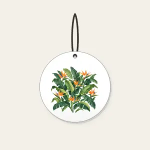 Banana Leaves and Birds-of-Paradise Ceramic Ornament in white: Banana leaves and birds-of-paradise flowers in green and orange on cream.
