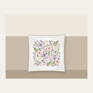 Pressed Posies and Ferns Pillow in white: Pressed-flower posies and ferns in lilac, blush and sage arranged all over a cream ground.