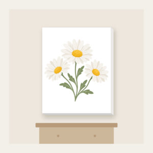 Chain of Three Daisies Canvas Print in white: Three daisies in white and butter yellow link along a single sage stem.