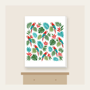 Parrots and Palm Leaves Repeat Canvas Print in white: Small parrots and palm leaves repeat in red, turquoise and green on cream.