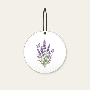 Lavender Stems and Two Butterflies Ceramic Ornament in white: Tall lavender stems rise beside two small butterflies in violet, cream and sage.