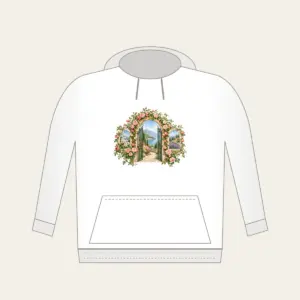 Rose Garden Gate Arch Hoodie in white: An arched garden gate wrapped in blush and green climbing roses, with botanical and landscape scenes in its openings.