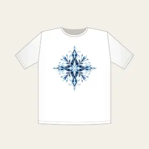 Frosted Crystal Lines in Ice Blue T-Shirt in white: Fine frosted crystal lines in ice blue and white across a deep navy ground.