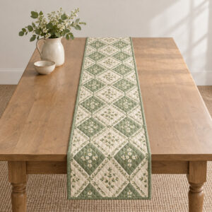 Lattice Garden Quilt Table Runner with all-over lattice diamonds with tiny blossoms in sage and cream