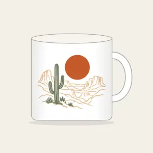 Desert Sun and Canyon Lines Mug in white: A rust-orange sun disc over sparse canyon contour lines and one sage cactus silhouette, flat screen look.