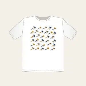Trout Flies in Diagonal Rows T-Shirt in white: Tiny trout flies lined up in diagonal rows in navy, gold and cream.