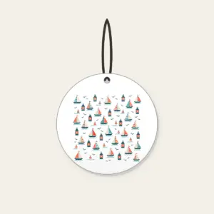 Tiny Sailboats and Harbour Lanterns Ceramic Ornament in white: Tiny sailboats and harbour lanterns repeat in teal, coral and cream.