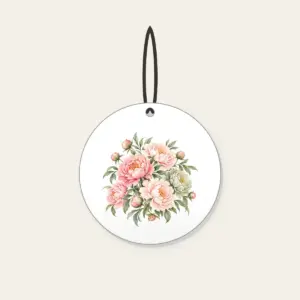 Blush Peony Gradient Ceramic Ornament in white: All-over peonies drift across a gradient from blush to sage, joined by fine leaf lines.
