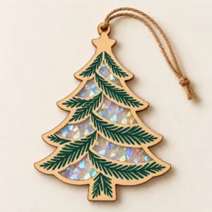 Starry Pines Wood and Hologram Ornament with flat dark green pine branches printed on the wood front, holographic acrylic visible through cutouts, no applied baubles or stars