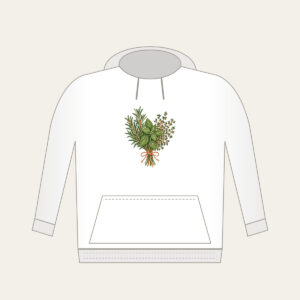 Herb Bundle with String Hoodie in white: A bundle of rosemary, basil and thyme tied with string in green, cream and terracotta.