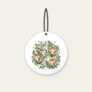 Toadstools, Ferns and Fireflies Ceramic Ornament in white: Toadstools, ferns and glowing fireflies scattered in rust and cream across a deep green forest ground.