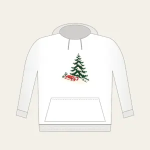 Red Sled on a Snowy Hill Hoodie in white: A small red sled on a snowy hill beside a tall pine in cream, red and green.