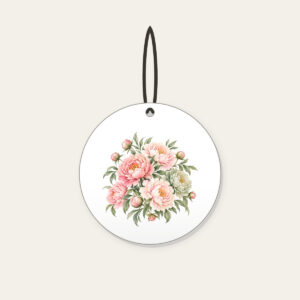 Blush Peony Gradient Ceramic Ornament in white: All-over peonies drift across a gradient from blush to sage, joined by fine leaf lines.
