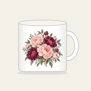 Blush and Plum Peony Clusters Mug in white: Full peony clusters in blush, plum and sage drift across the artwork in an all-over pattern.