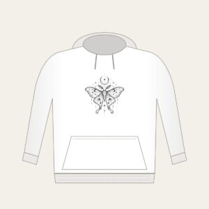 Moth, Stars and Crescent Moon Linework Hoodie in white: A fine-line moth rests among tiny stars and a crescent moon in black.
