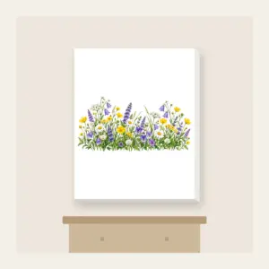 Wildflower Strip Beneath a Pale Sky Canvas Print in white: A strip of yellow, purple and white wildflowers runs along the lower edge beneath a pale sky gradient.