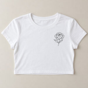 Peony Line Crop Tee with small chest print of a single peony drawn in one continuous black line with two leaves
