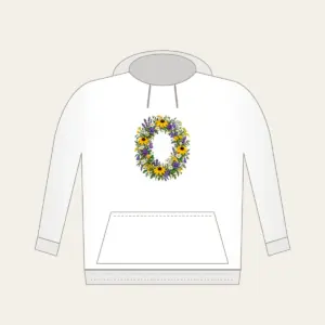 Oval Wildflower Wreath Hoodie in white: A bold oval wildflower wreath in yellow, purple and green sits at the centre.