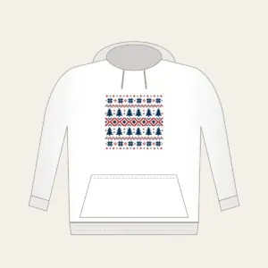 Fair-Isle Pines and Stars Hoodie in white: Fair-isle bands of pines, stars and diamonds in cream, brick red and navy.