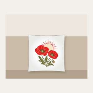 Twin Poppies and a Rising Sun Pillow in white: Two poppies beneath a rising sun in red, cream and olive.